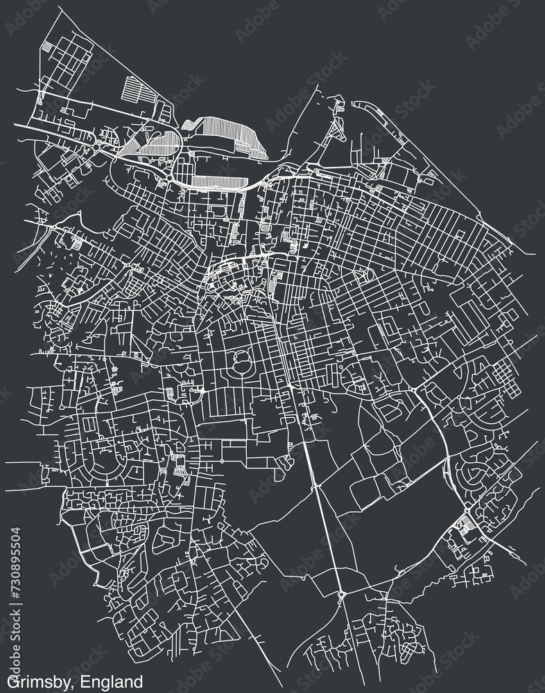 Detailed hand-drawn navigational urban street roads map of the United Kingdom city township of GRIMSBY, ENGLAND with vivid road lines and name tag on solid background Detailed hand-drawn navigational urban street roads map of the United Kingdom city township of GRIMSBY, ENGLAND with vivid road lines and name tag on solid background