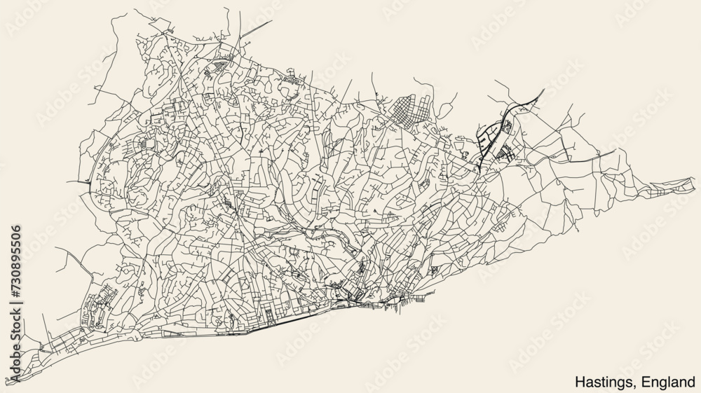 Detailed hand-drawn navigational urban street roads map of the United Kingdom city township of HASTINGS, ENGLAND with vivid road lines and name tag on solid background Detailed hand-drawn navigational urban street roads map of the United Kingdom city township of HASTINGS, ENGLAND with vivid road lines and name tag on solid background