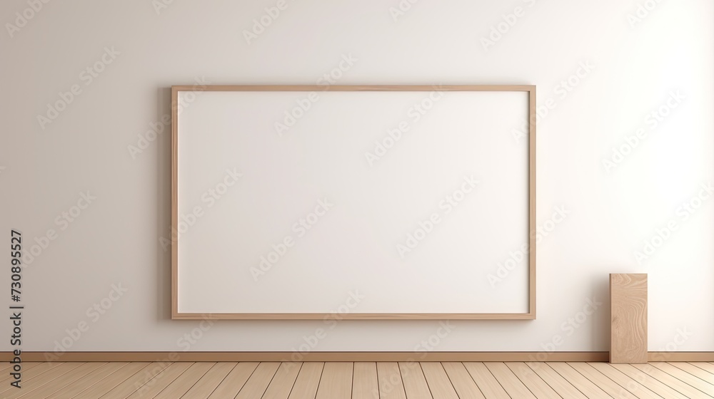 Minimal wooden frame on parquet floor, white background, 3D render. Minimal wooden frame on parquet floor, white background, 3D render.
