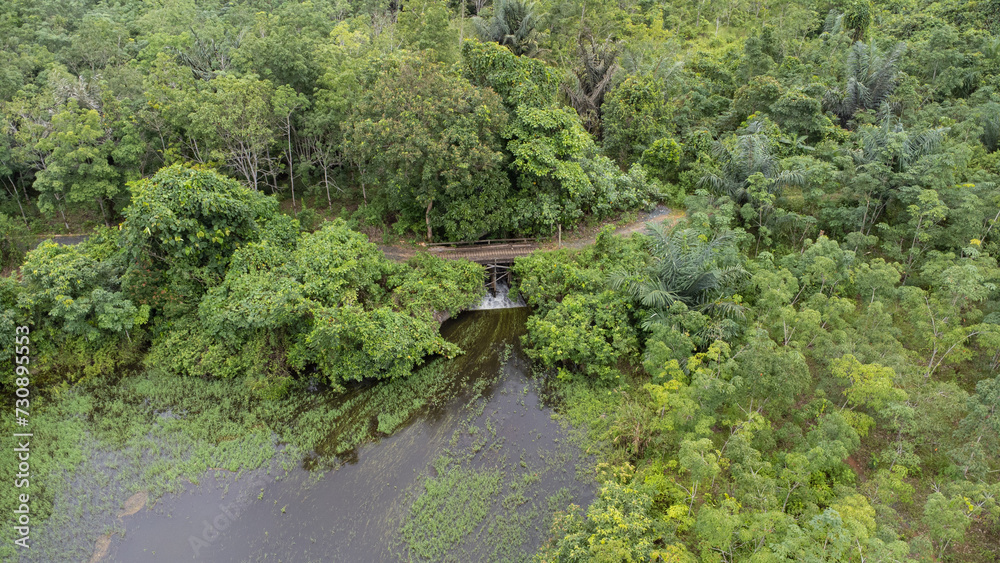 Aerial view of the lake in the mountainous area of South Kalimantan located in Sungai Dua village