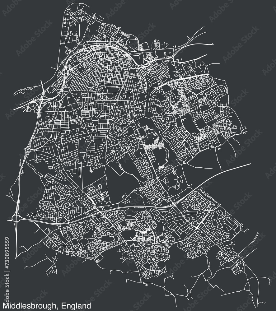 Detailed hand-drawn navigational urban street roads map of the United Kingdom city township of MIDDLESBROUGH, ENGLAND with vivid road lines and name tag on solid background