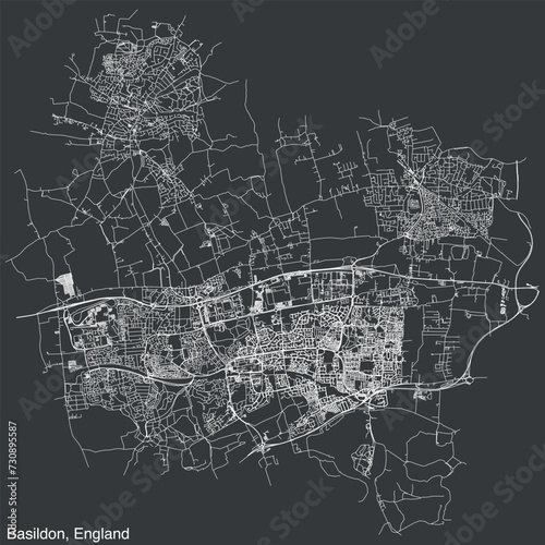 Detailed hand-drawn navigational urban street roads map of the United Kingdom city township of BASILDON, ENGLAND with vivid road lines and name tag on solid background