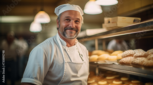 Middle aged man baker stands in his bakery and smiles at the camera. Confectioner 55-60 years old at work.
