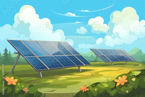 Solar panel on blue sky background. Panels installed in straight long rows. Green grass and cloudy sky.