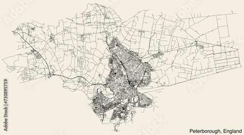 Detailed hand-drawn navigational urban street roads map of the United Kingdom city township of PETERBOROUGH, ENGLAND with vivid road lines and name tag on solid background