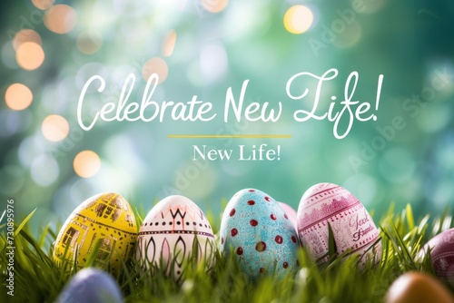 Decorated Easter eggs on grass with 'Celebrate New Life' text