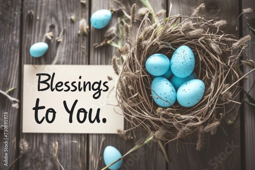 Robins-egg blue Easter eggs in a rustic nest with a blessing Easter celebration copy space text "Easter Blessings to You."