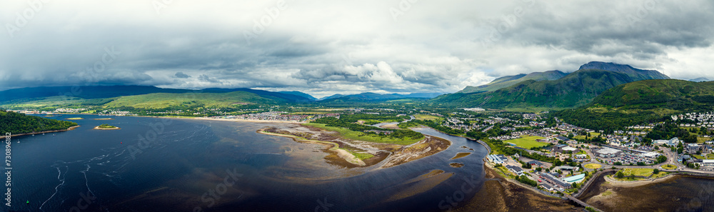 Fort William from a drone, River Lochy and Ben Nevis, Lochaber, West Highlands, Scotland, UK