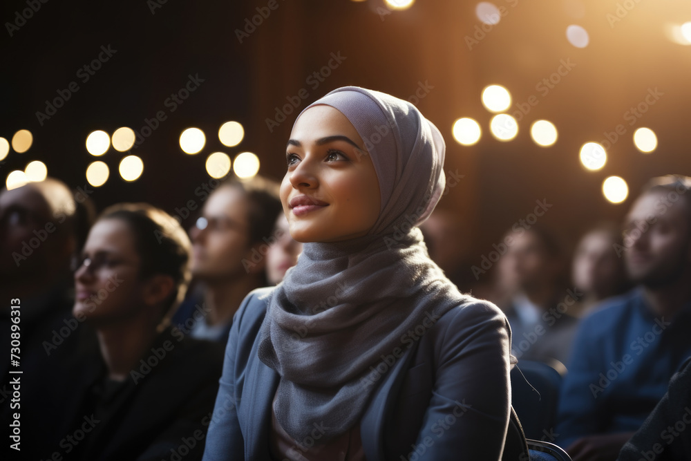 Woman in Hijab Sitting in Front of Crowd Woman in Hijab Sitting in Front of Crowd