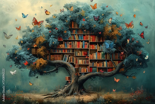 A Reading Tree with Books and Butterflies Generative AI