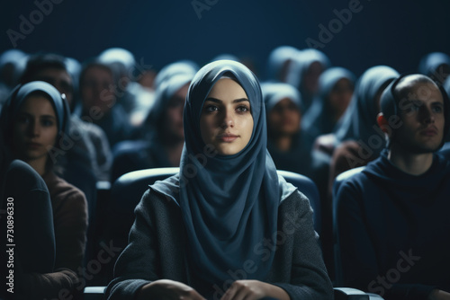 Woman in Hijab Sitting in Front of Group