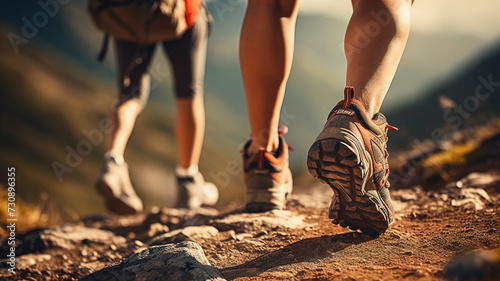 close-up of the legs of men and women in sports shoes for sports and travel walking along a forest path in the mountains in summer. perspective with an emphasis on hiking shoes. active lifestyle