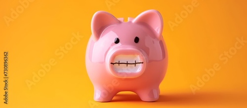 A cute piggy bank with braces on yellow photo
