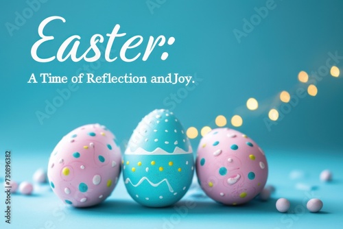 An Easter illustration with the message  Easter  A Time of Reflection and Joy  set against a background of colorful eggs and spring flora  inviting a sense of celebration and contemplation