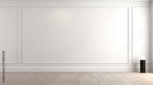 Illustration mock up of a contemporary minimalistic interior with white walls, wooden flooring, and wall panels. © Vusal