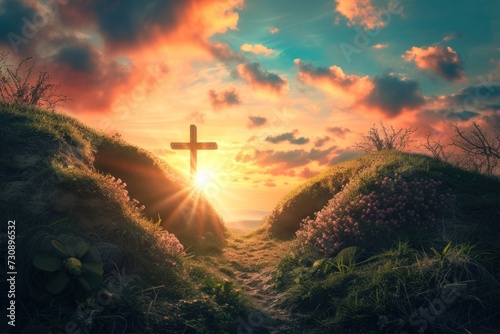 Sunrise behind a cross symbolizing Easter and the resurrection photo
