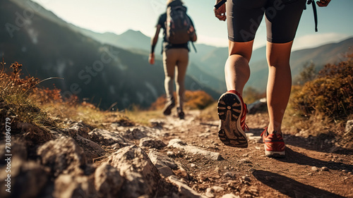 close-up of the legs of men and women in sports shoes for sports and travel walking along a forest path in the mountains in summer. perspective with an emphasis on hiking shoes. active lifestyle