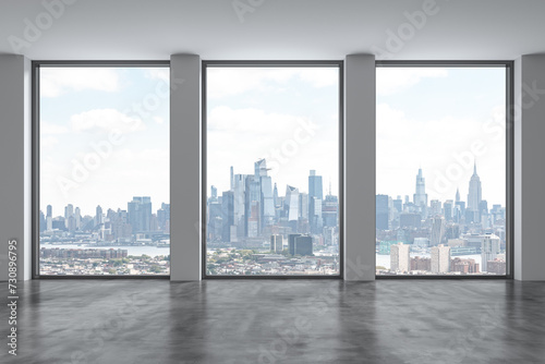 Downtown New York Manhattan City Skyline Buildings from High Rise Window. Beautiful Expensive Real Estate overlooking. Empty room Interior Skyscrapers View Cityscape. Day time. Midtown 3d rendering.