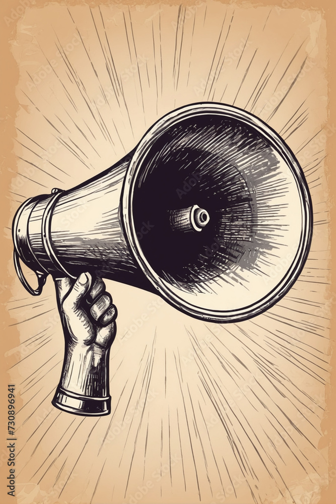 Retro megaphone. Screaming bullhorn advertising, announcement, propaganda. Hand drawn vintage, sketch vintage illustration