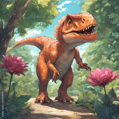 friendly dinosaur walks in the park holding © Aziza Mukanova