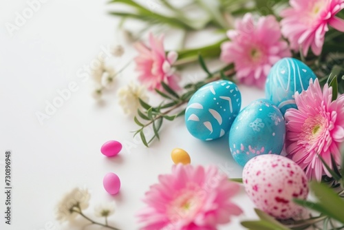 A joyful Easter composition featuring a bouquet of pink tulips with speckled eggs on a clean white surface, highlighted by vibrant Easter decorations, portraying a bright and celebratory mood