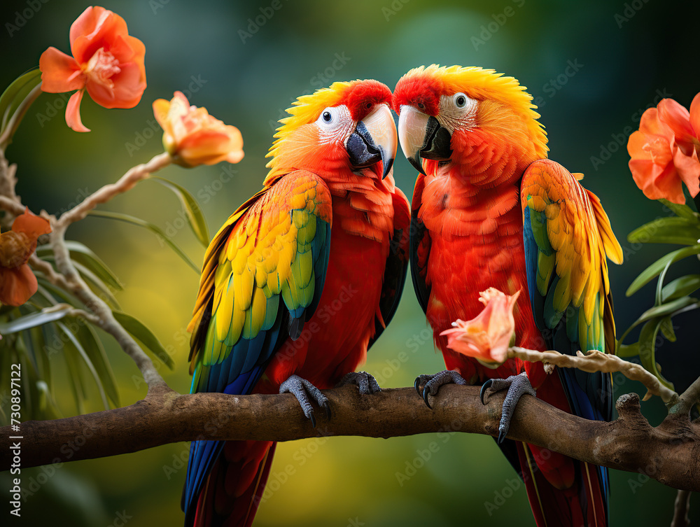 Couple of parrot cuddling on tree branch