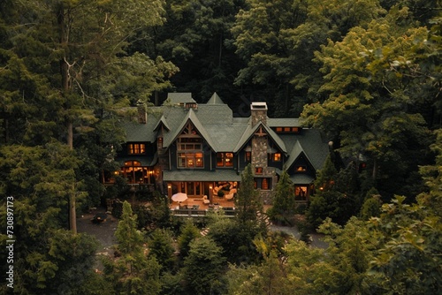 Eagle view of a craftsman house in a deep forest green, with a backyard that includes a woodland elf village and a hidden tree swing.