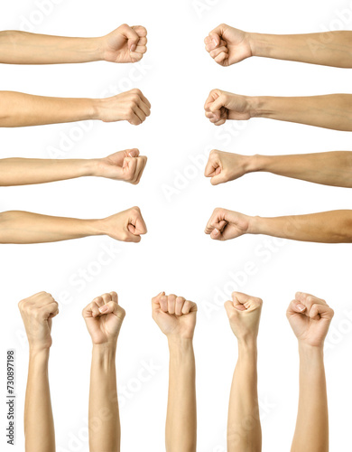 Fist. Multiple images set of female caucasian hand with french manicure showing fist gesture photo