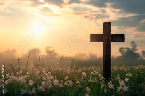 Wooden cross in a field with sunset and blooming flowers