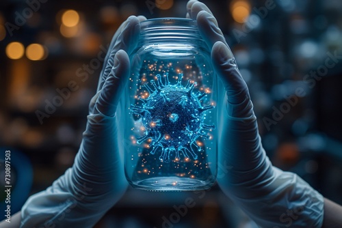 Viral Vibes: A Blue Hologram of a Virus in a Jar Generative AI