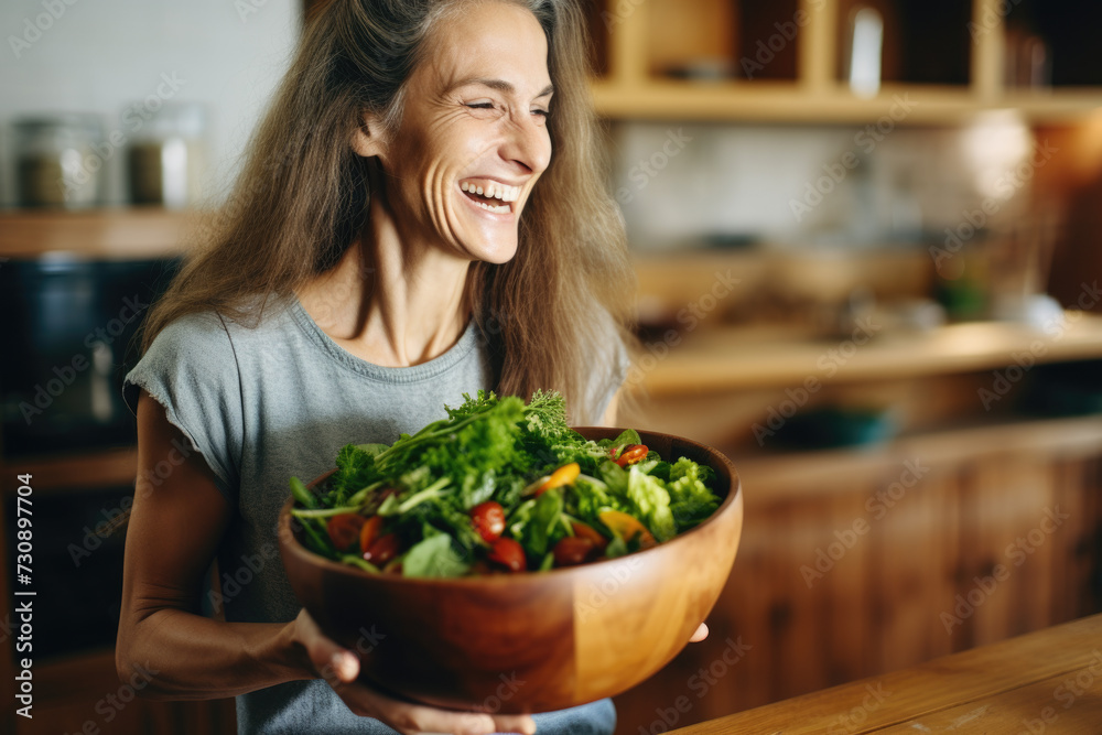 Woman Holding Bowl of Salad in Kitchen