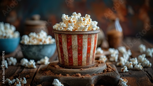 Striped bowl of popcorn on an old wooden background. A box of salty or sweet popcorn