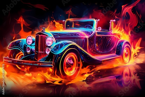 Abstract neon art portraying a Roadster Oldtimer car engulfed in vibrant flames with dynamic light reflections