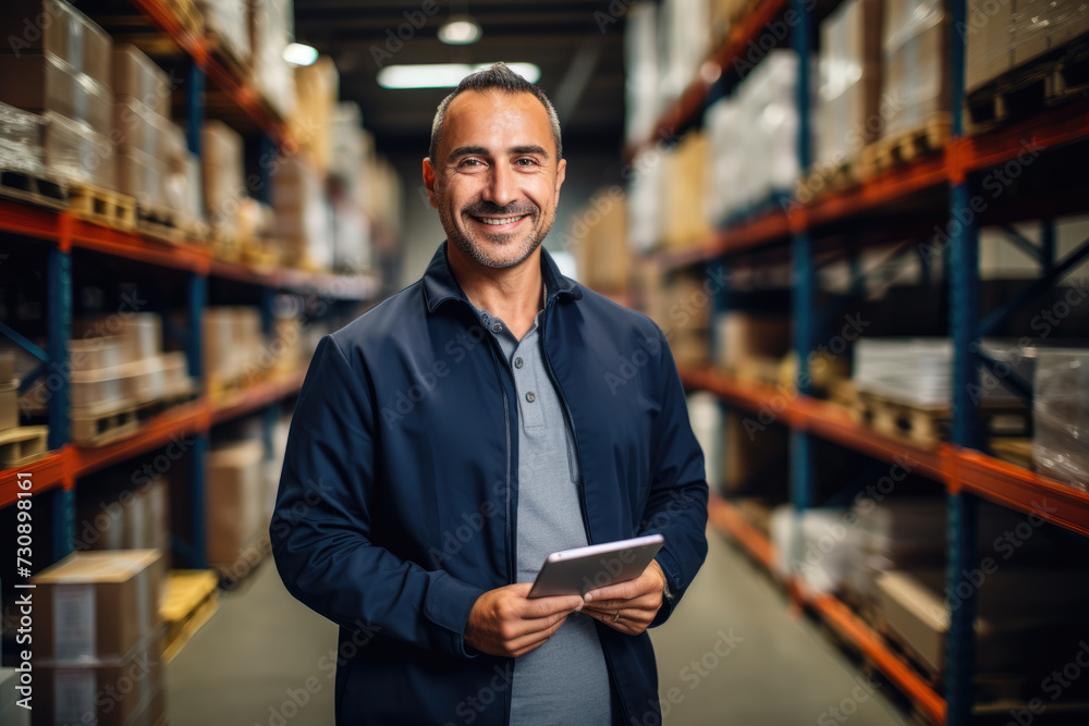 A confident warehouse manager stands in an aisle, tablet in hand, ready to optimize inventory management and operations in a well-organized storage facility. A confident warehouse manager stands in an aisle, tablet in hand, ready to optimize inventory management and operations in a well-organized storage facility.