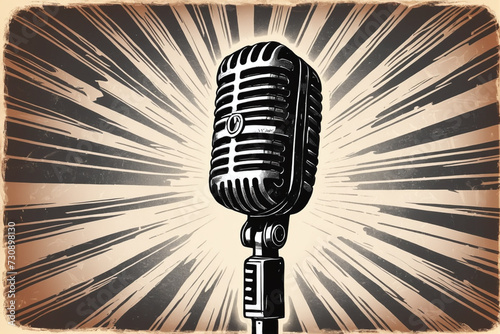 Retro microphone and rays. Recording Mic. Hand drawn vintage, sketch vintage illustration