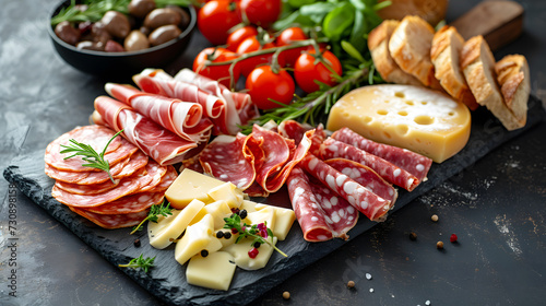 Savor the Flavor: A Festive Spread with Jamon, Tomatoes, Olives, and Bread. Generative AI