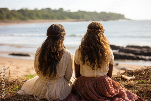 Women Sitting on Beach, Looking at Ocean