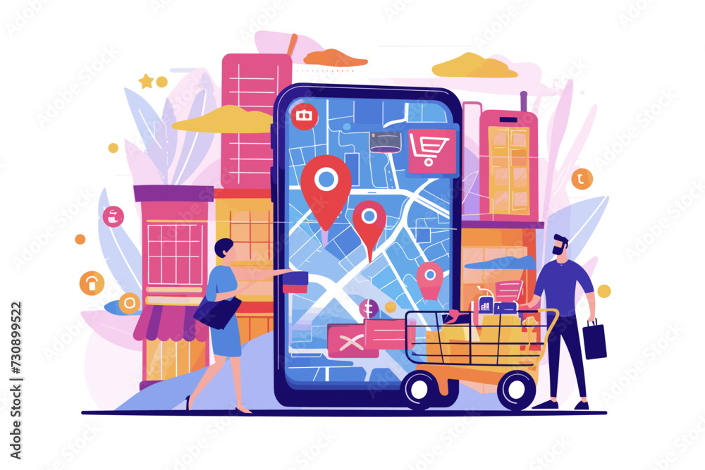 Evolution of E-commerce, Transition from Traditional Retail to Online Shopping, Businessman Navigating Digital Marketplace on Giant Smartphone. - obrazy, fototapety, plakaty 