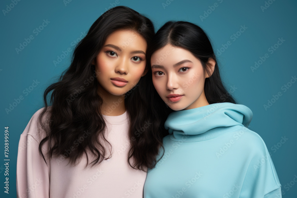 Young Women Posing in Front of Blue Background Young Women Posing in Front of Blue Background