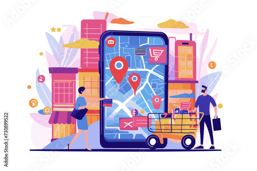 Evolution of E-commerce, Transition from Traditional Retail to Online Shopping, Businessman Navigating Digital Marketplace on Giant Smartphone.