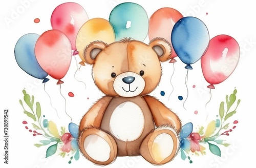 Teddy bear sitting on garland and balloons, greating card concept
