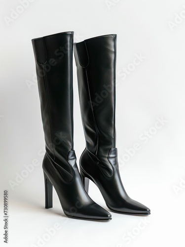 Black leather knee high boots on white background.