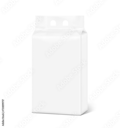 Realistic stand bag with hole handle mockup. Half side view. Vector illustration isolated on white background. Ready for your design. Suite for the presentation of diaper, wet wipes. EPS10.
