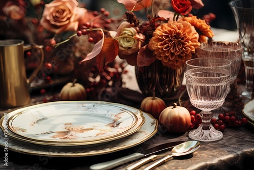 Beautiful autumn table setting with rustic plates, gleaming cutlery, crystal glasses, pumpkins, and an array of floral decor arranged in a flat lay