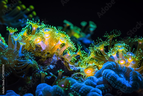 The Enchanting Beauty of the Coral Reef at Night Featuring Bioluminescent Organisms and Fluorescent Corals.