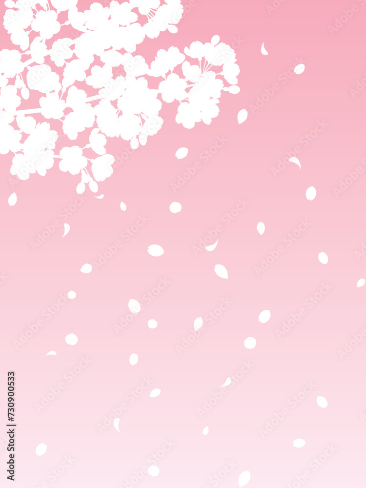 満開の桜と桜吹雪の白いシルエットとグラデーション背景の縦イラスト(ピンク) 満開の桜と桜吹雪の白いシルエットとグラデーション背景の縦イラスト(ピンク)