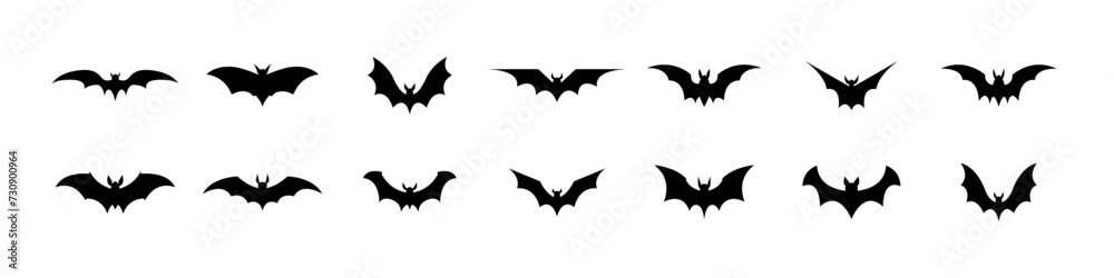 Fototapeta premium Bat silhouette set. Flying black bat icons. Halloween concept. Vector