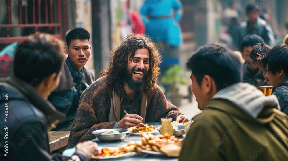 Middle Eastern Jesus Smiling while eating with Chinese youth in Kunming