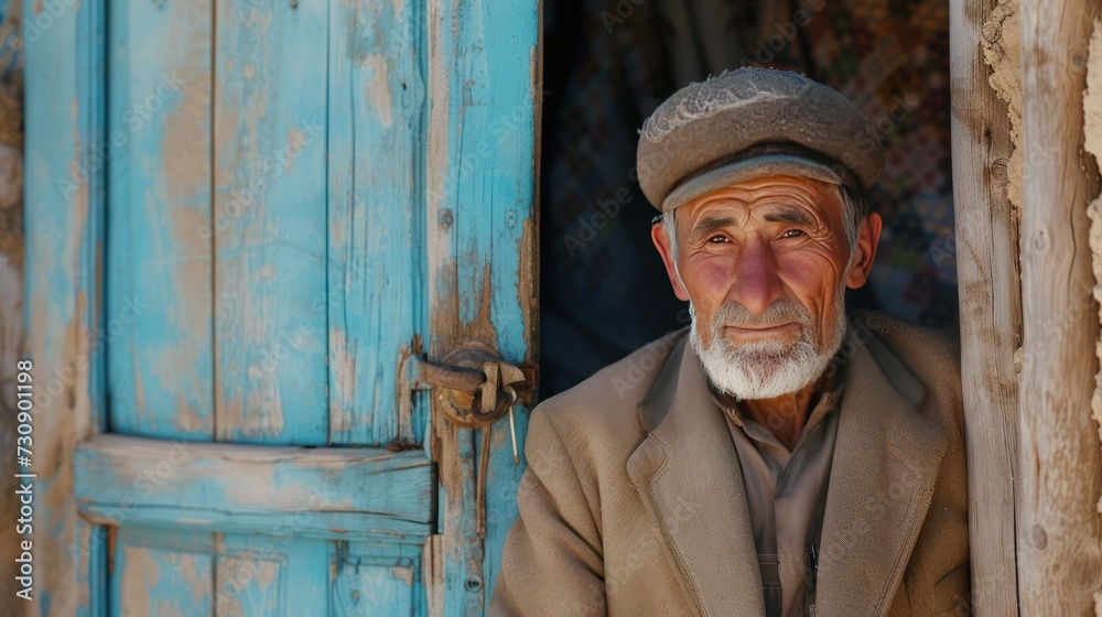 A village elder stands by the door of his house in Central Asia. A village elder stands by the door of his house in Central Asia.