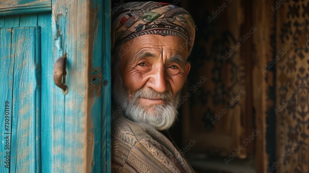 A village elder stands by the door of his house in Central Asia.